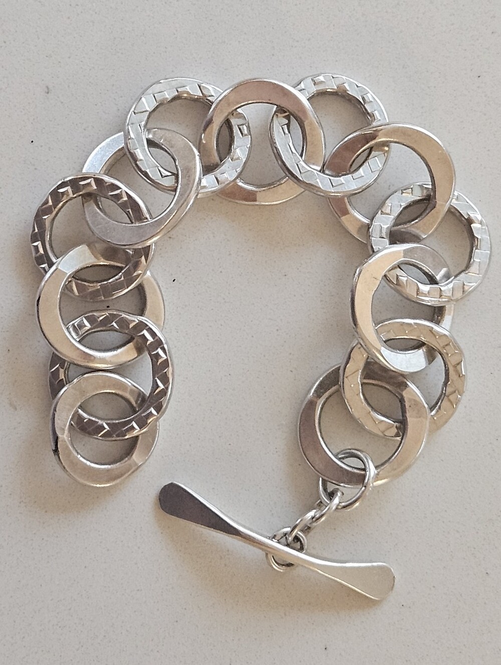 Vintage Chunky Zuni Art Acoya Sterling Silver Link Toggle Bracelet 6"